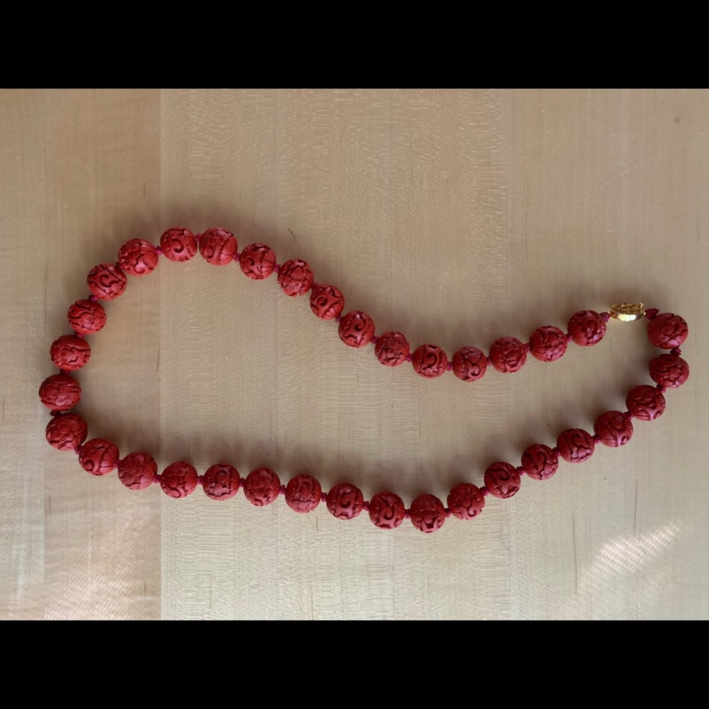 Cinnabar Carved Bead Necklace